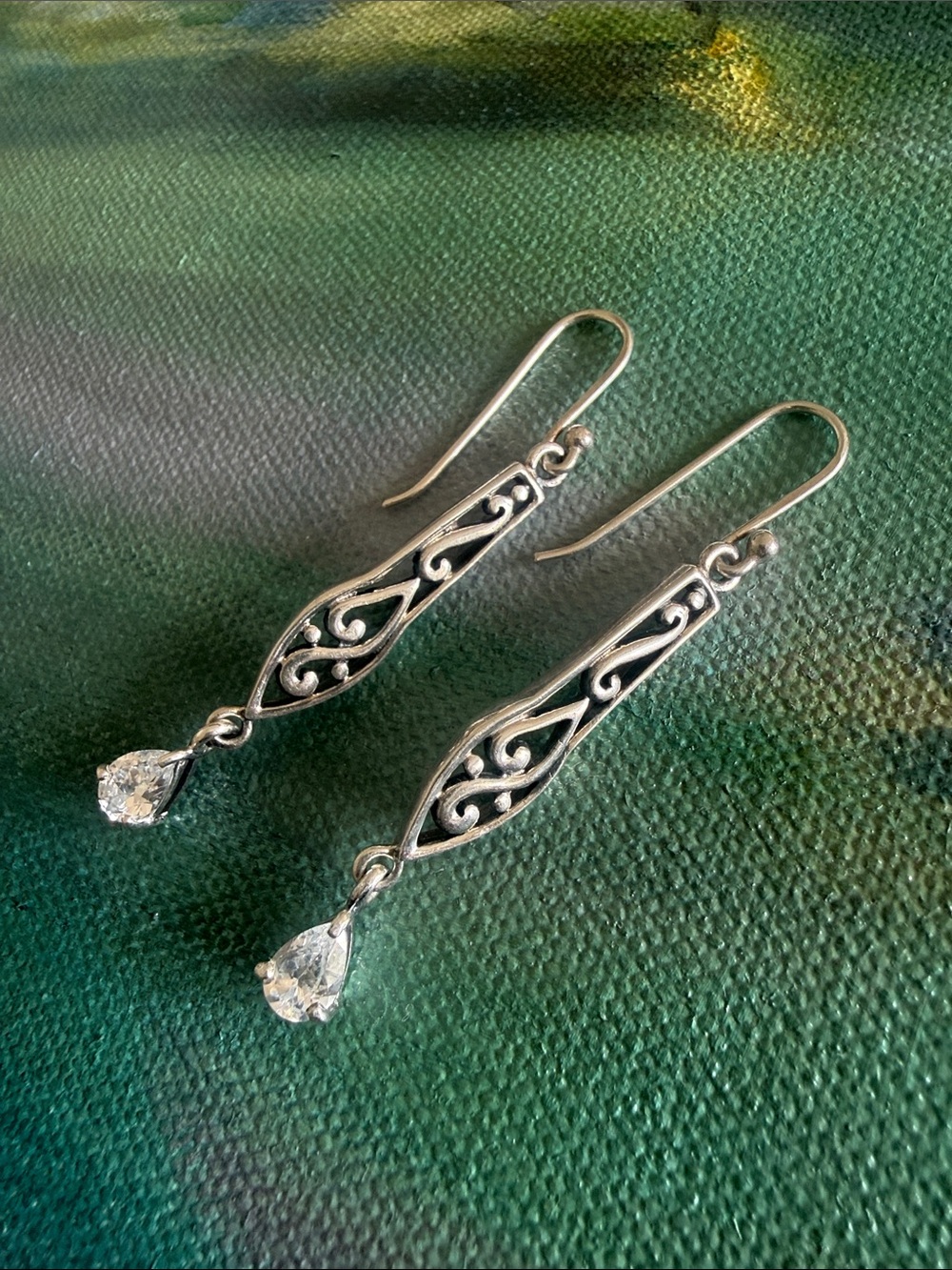 Sterling Silver .925 Filigree CZ Teardrop Dangle Earrings - vintage !